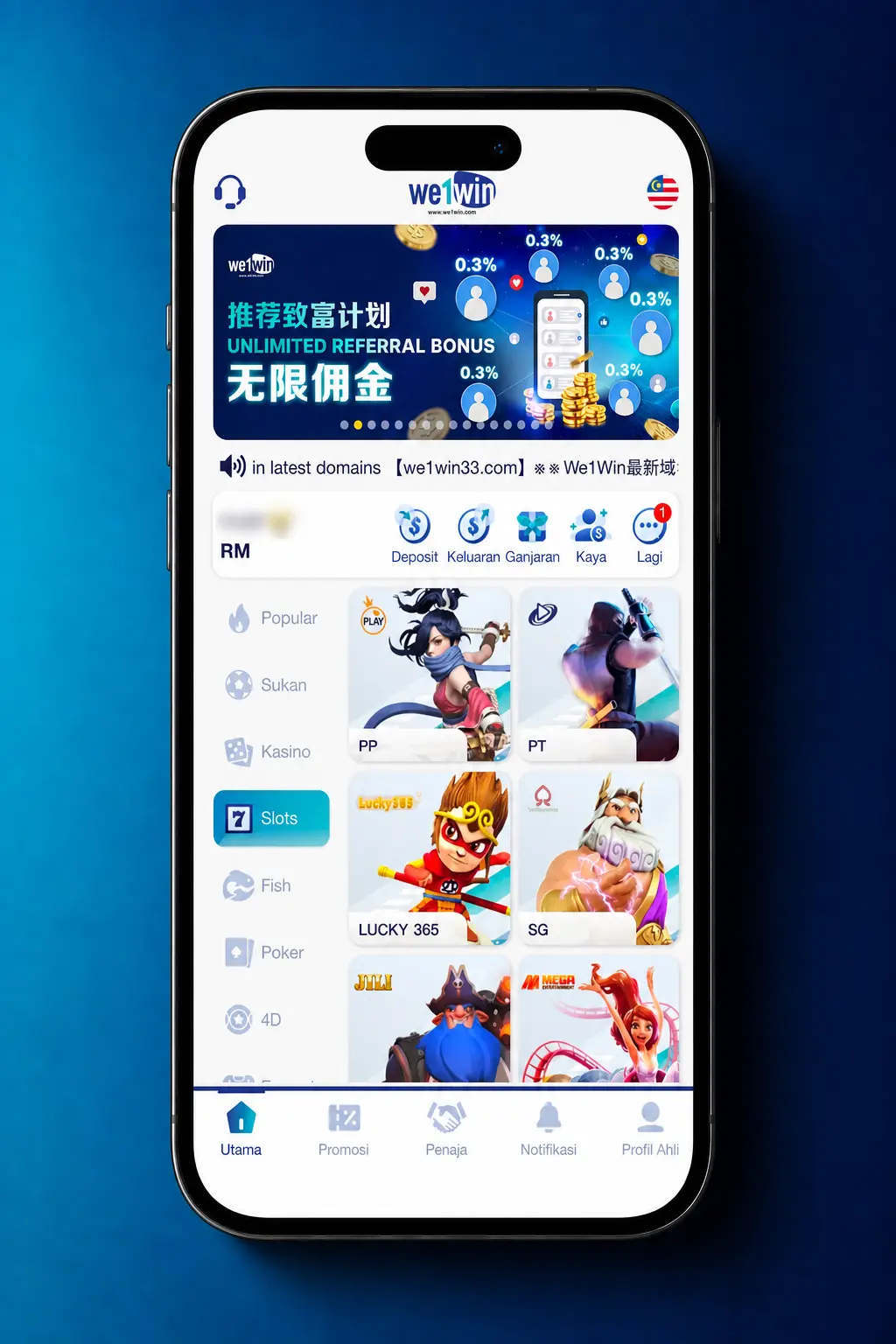 Step-by-step deposit guide screenshot in the We1Win app showing wallet icon, payment options, and amount entry for Malaysia players