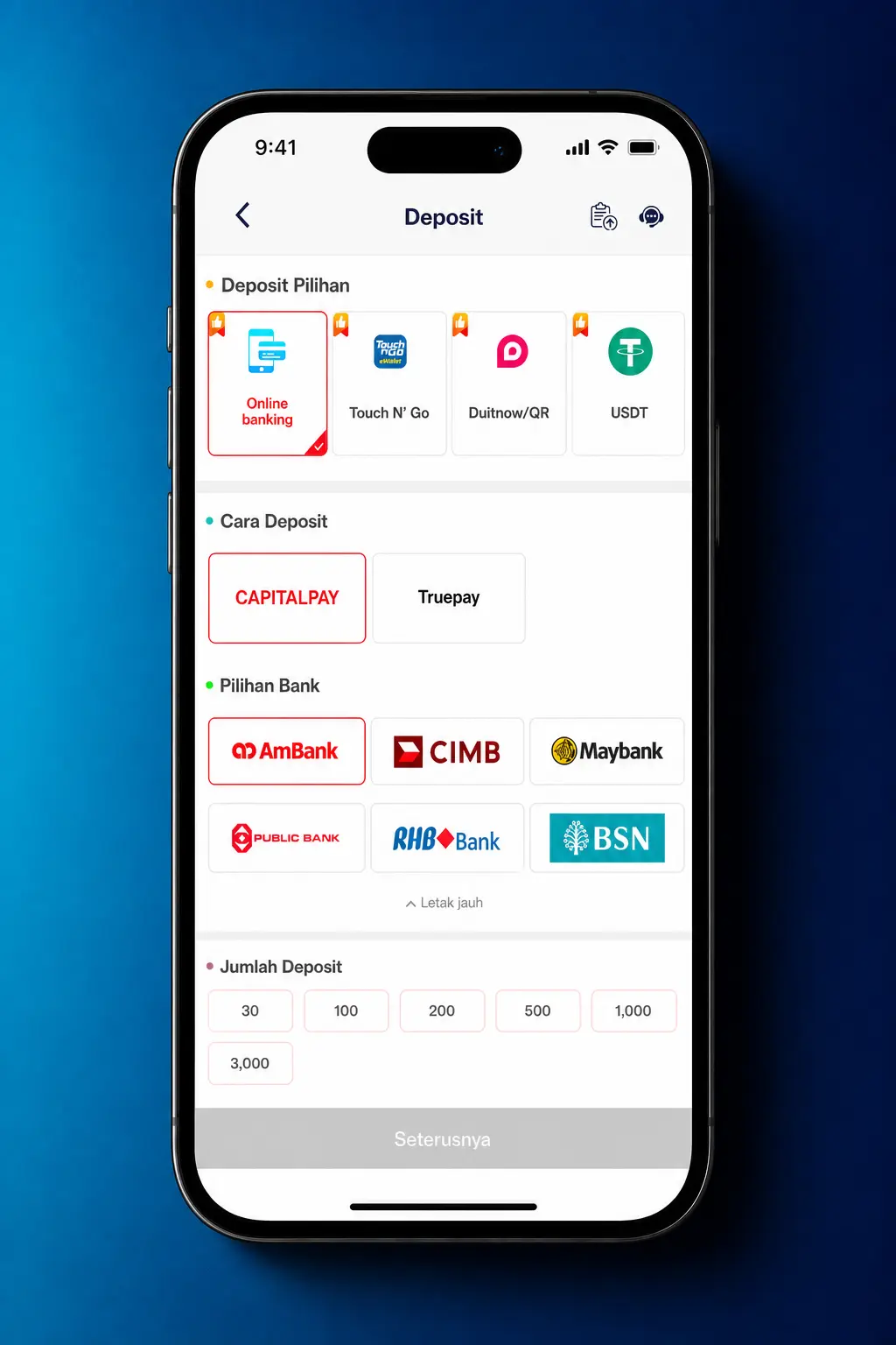 Step-by-step deposit screenshot showing We1Win app wallet section for Malaysia players to add funds via banking or e-wallet.