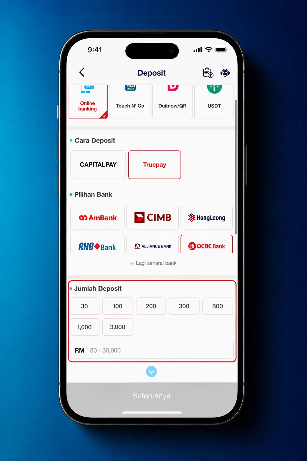 Step-by-step deposit screenshot in the We1Win app showing wallet, payment options, and amount entry for Malaysia players
