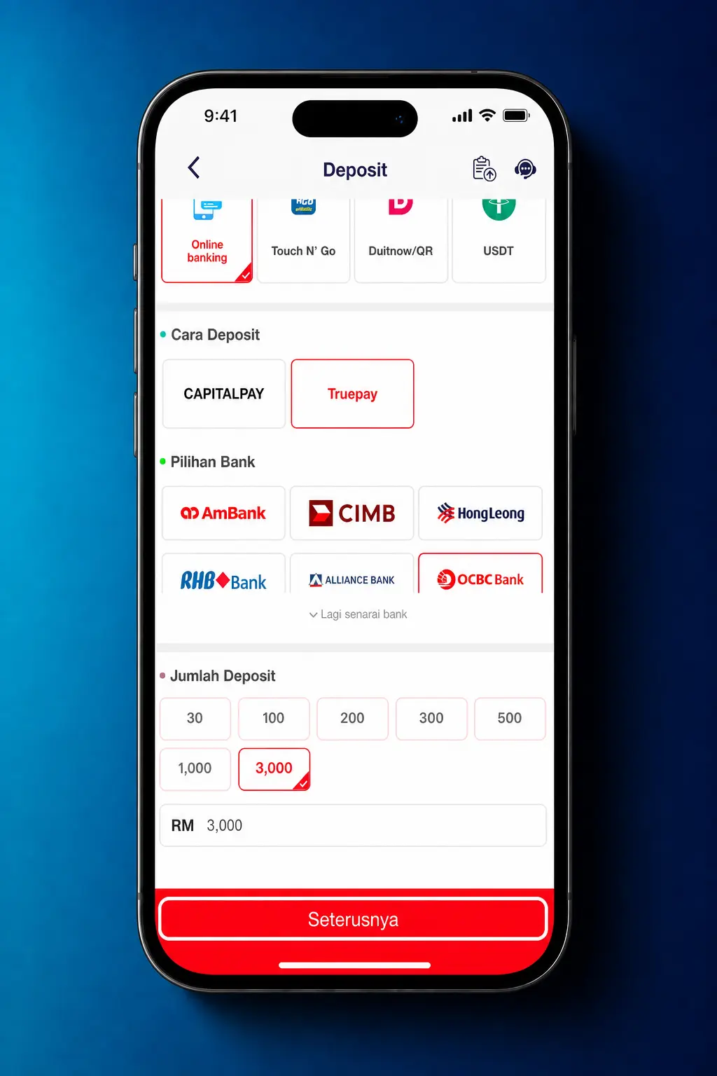 Step-by-step deposit guide screenshot in the We1Win app showing wallet icon, payment options, and amount entry for Malaysia players.