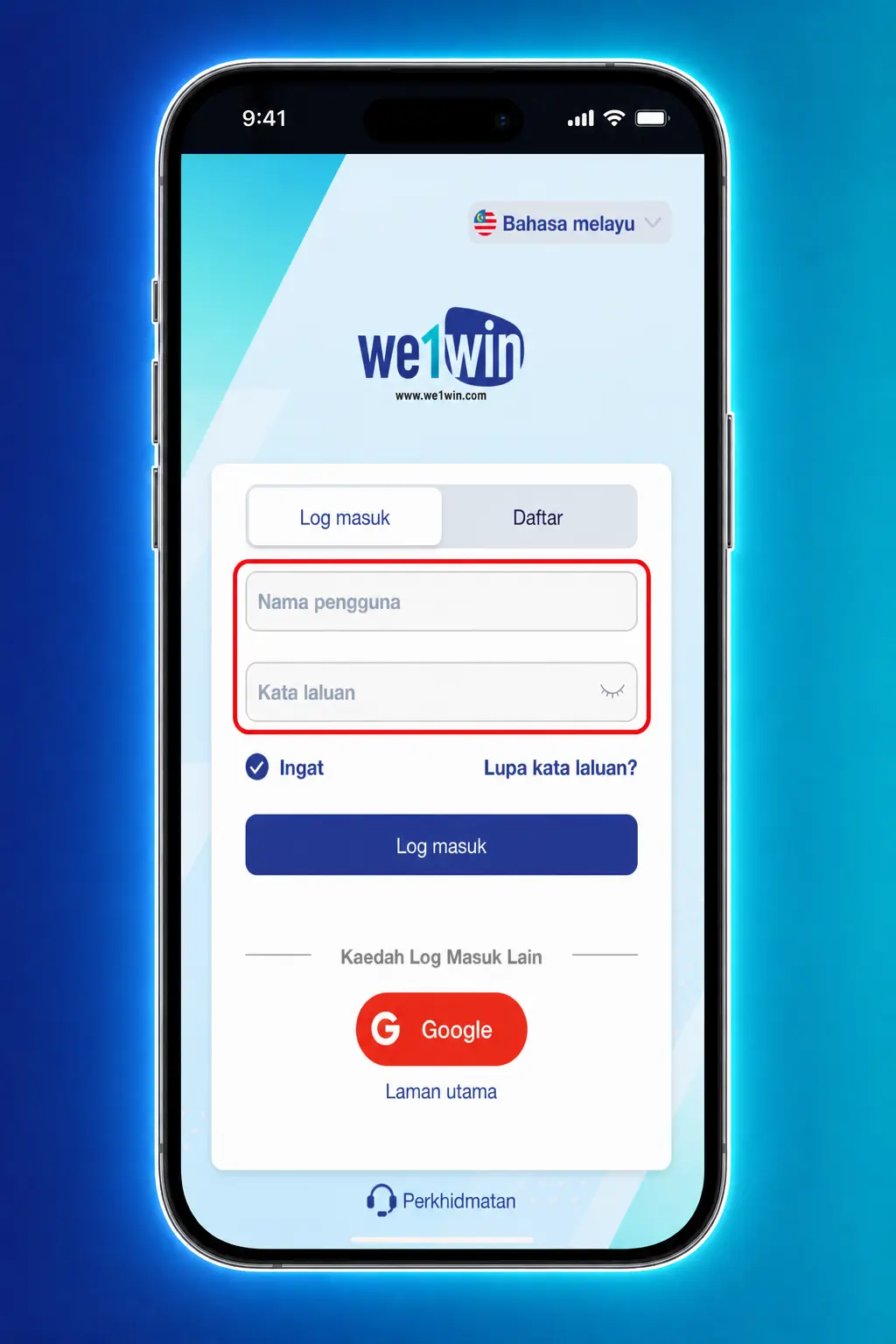We1Win mobile app login screen showing username, password, and biometric login options
