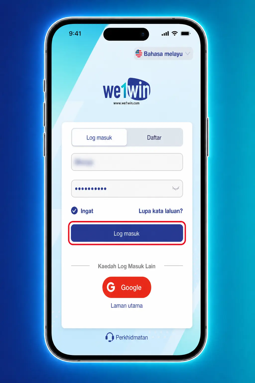 Screenshot showing how to log in to We1Win via the mobile app using username, password, or OTP with biometric access.