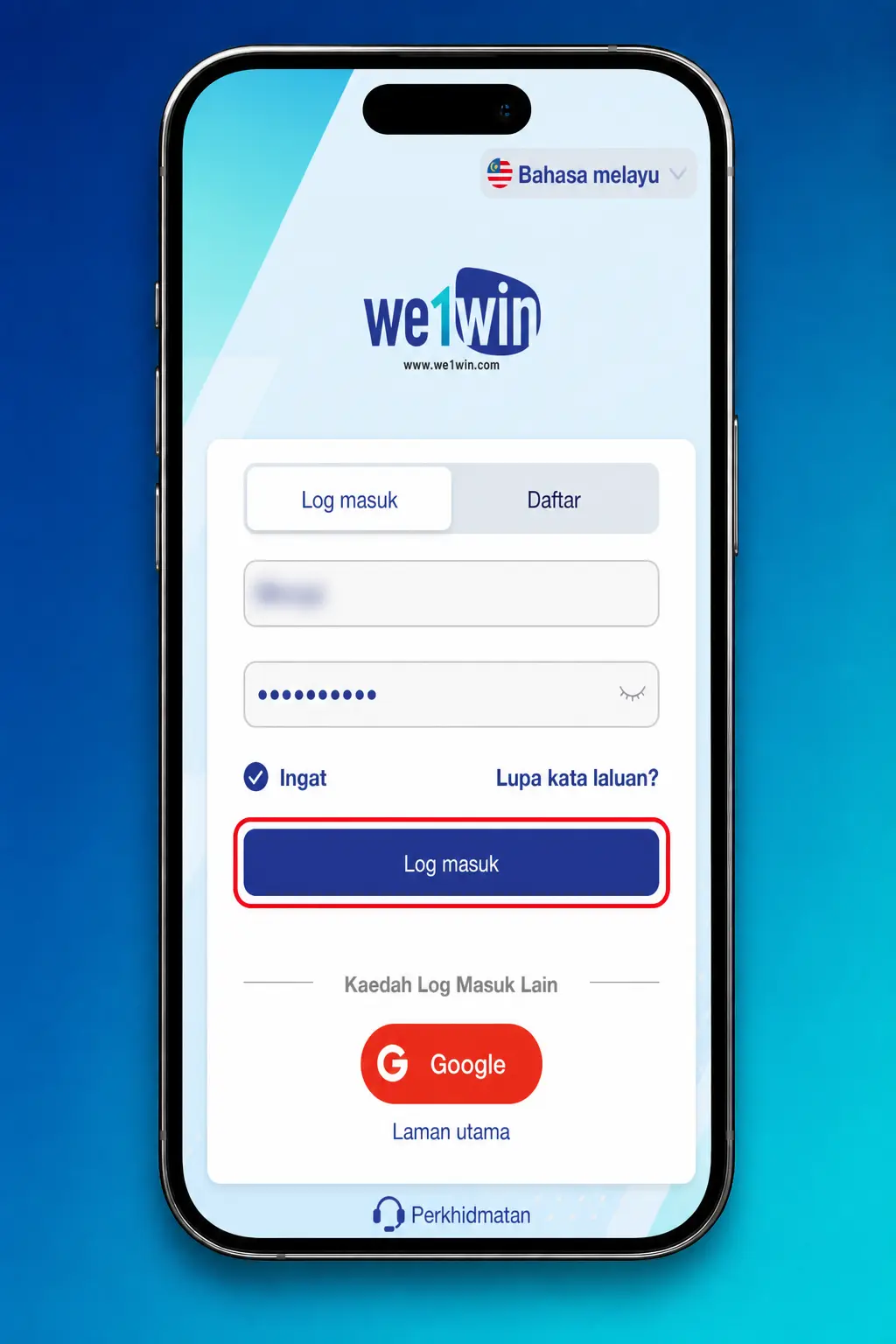 We1Win login screen showing mobile number, email, and password fields with secure 256 bit encryption and 2FA verification
