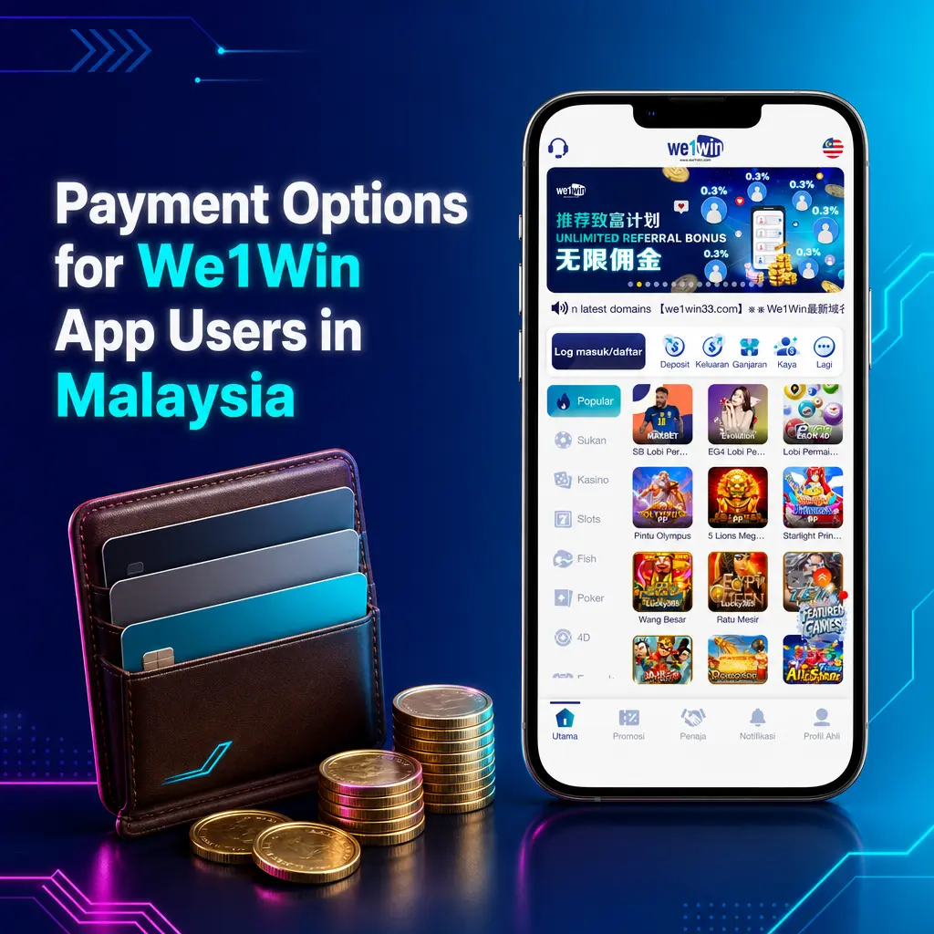 Payment options for We1Win app users in Malaysia, including online banking, Touch n Go eWallet, DuitNow QR, and USD wallets