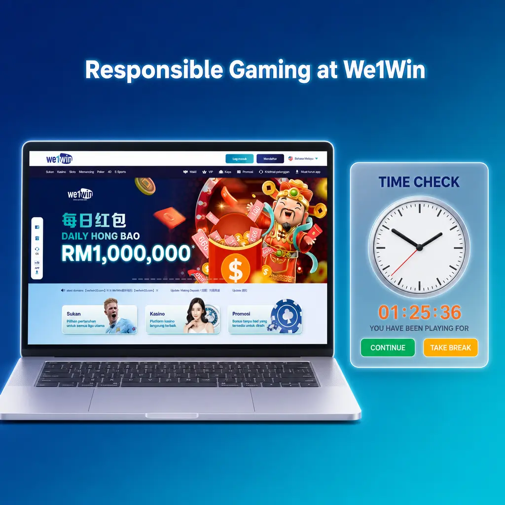 We1Win responsible gaming panel showing deposit limits, self exclusion timers, and helpline link for safer play.