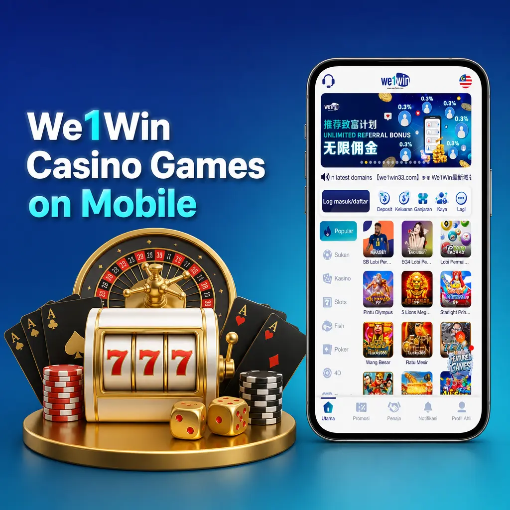 We1Win casino app on mobile showing slots, live dealer tables, and poker rooms from Pragmatic Play, JILI, and Evolution