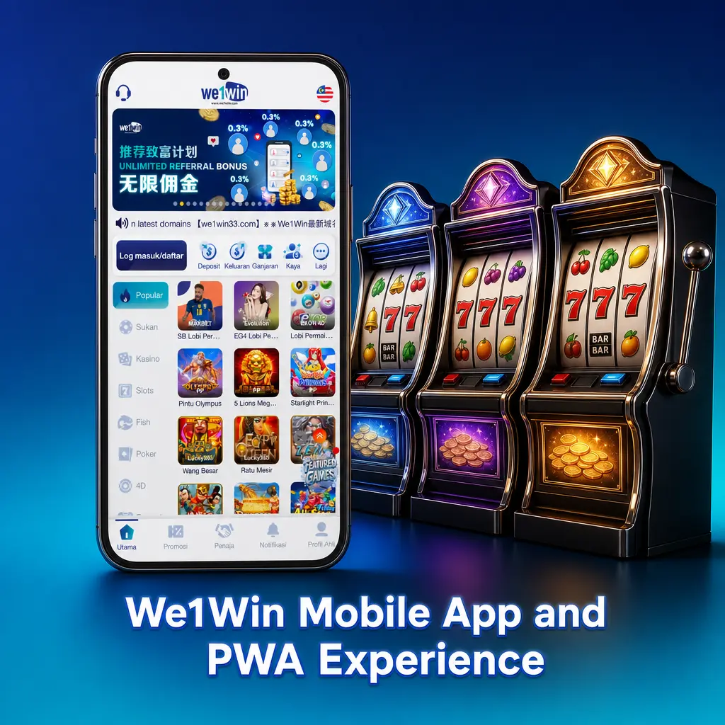 We1Win mobile PWA app showing browser-based slots, live tables, home screen install, and push notifications for bonuses and withdrawals