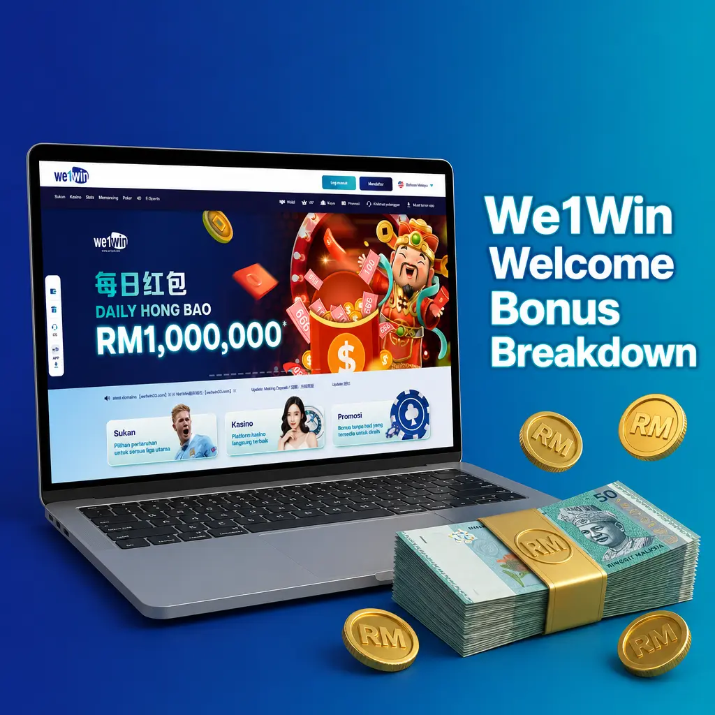 We1Win welcome bonus breakdown table showing percentages, max bonus, min deposit and wagering for sport, esports, poker and fishing.